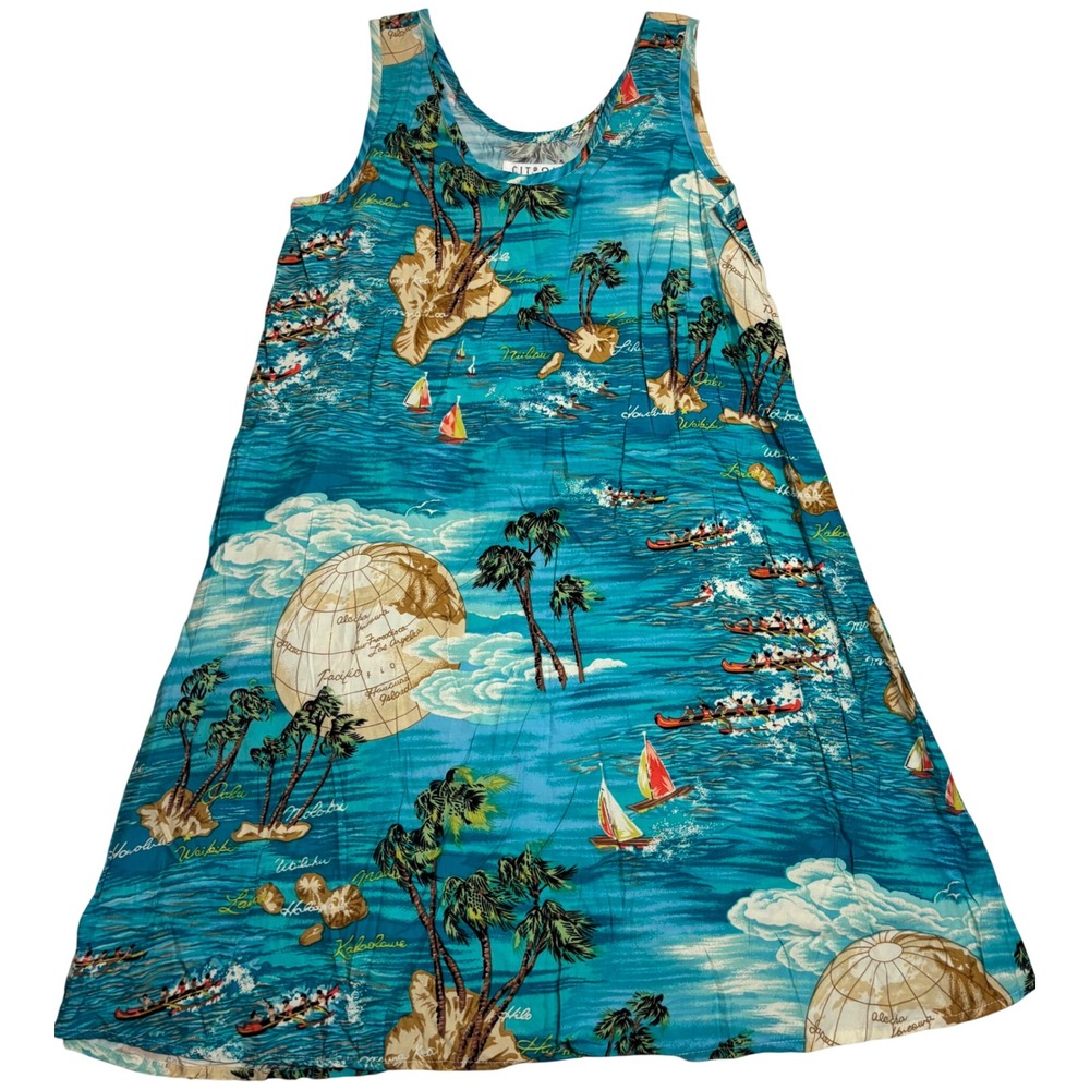 Citron Santa Monica Shift Dress Women's Blue Excellent Hawaiian Map Print Small